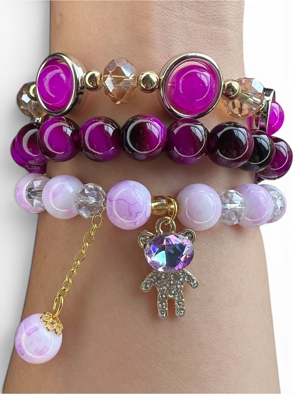Pink Teddy Charm Beaded 3 Pieces Stretch Bracelet Set NWOT